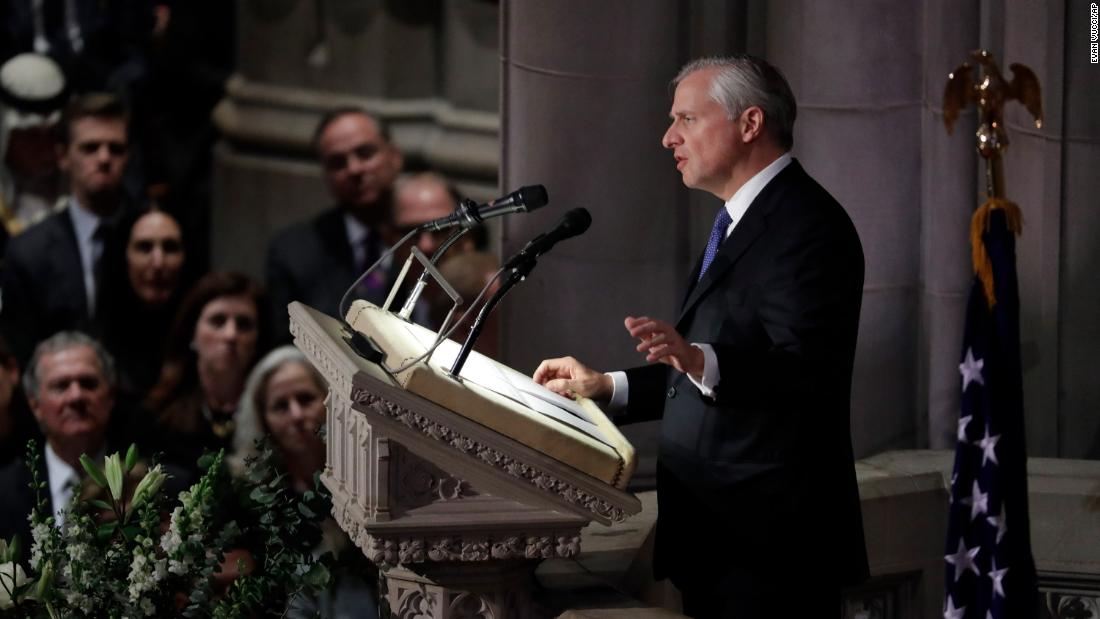 Presidential biographer Jon Meacham speaks during the state funeral on December 5. Bush &quot;made our lives and the lives of nations freer, better, warmer and nobler,&quot; Meacham said. &quot;That was his mission. That was his heartbeat. And if we listen closely enough, we can hear that heartbeat even now, for it&#39;s the heartbeat of a lion -- a lion who not only led us, but who loved us.&quot;