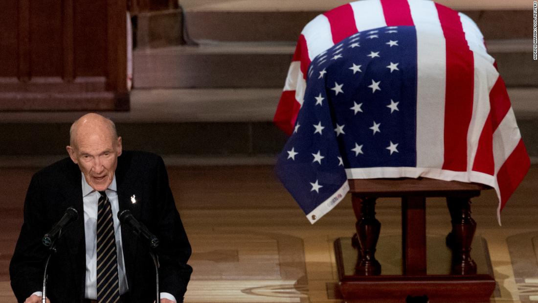 Former US Sen. Alan Simpson, a friend of the late President, speaks during the state funeral on December 5. Simpson called Bush &quot;the most decent and honorable person&quot; he ever met.