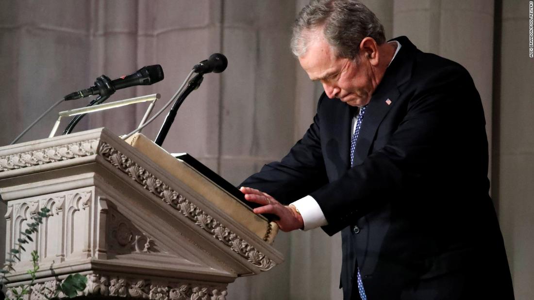 George W. Bush speaks at his father&#39;s state funeral on December 5. &quot;He showed me what it means to be a President who serves with integrity, leads with courage and acts with love in his heart for the citizens of our country,&quot; Bush said in his eulogy. &quot;When the history books are written, they will say that George H.W. Bush was a great President of the United States.&quot;