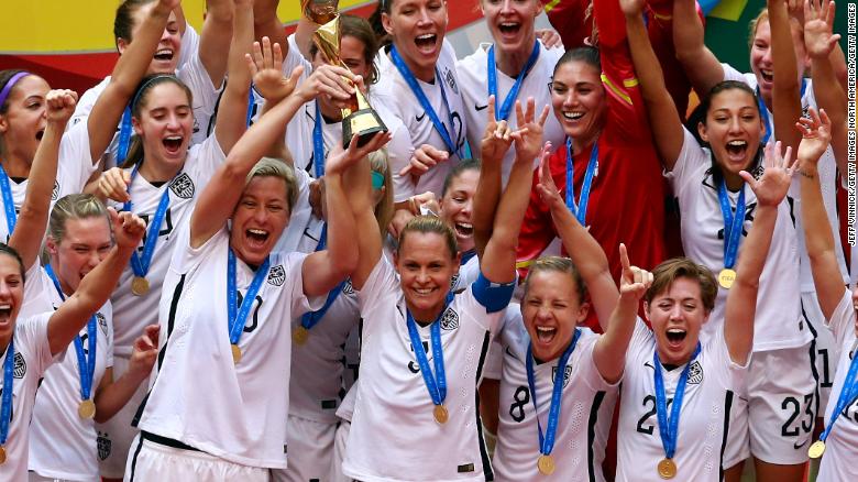 USA celebrate winning the Women&#39;s World Cup in Canada in 2015.