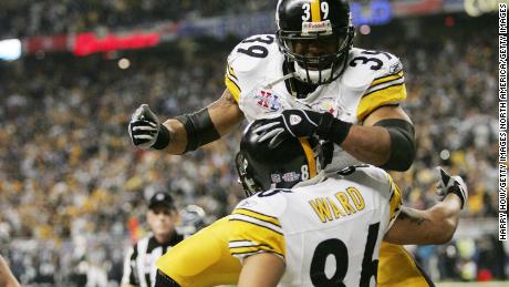 Hines Ward celebrates with teammate Willie Parker after scoring a touchdown against the Seattle Seahawks in the fourth quarter of the Super Bowl in February 2006.