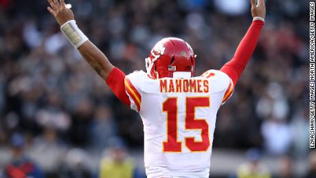 Patrick Mahomes celebrates after a touchdown against the Oakland Raiders. The second-year player is thought to be the front-runner for MVP this season.