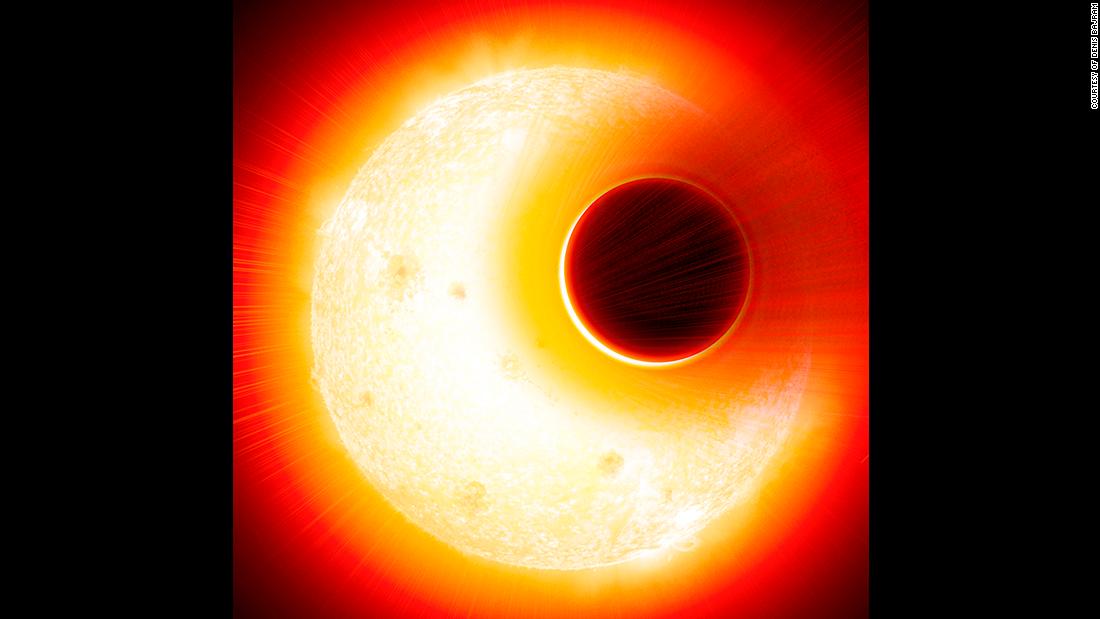 This is an artist&#39;s impression of the exoplanet HAT-P-11b. The planet has an extended helium atmosphere that&#39;s being blown away by the star, an orange dwarf star smaller but more active than our sun.