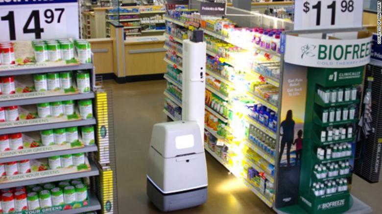 Walmart's shelf-scanning robot moves around aisles and identifies which items are low or out of stock.
