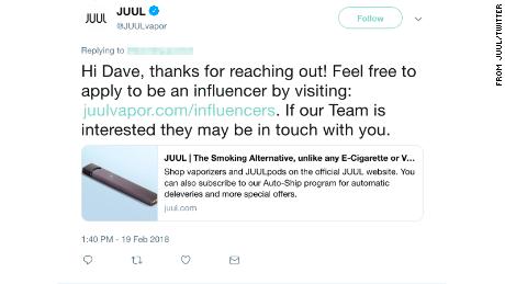 Juul responds to a Twitter user about becoming an influencer. CNN obscured the name of the user to protect their privacy. 