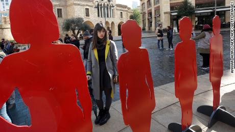 Figures representing women killed by male relatives in Lebanon during a rally organized by the women's rights group KAFA this January.