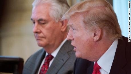 US President Donald Trump speaks watched by Secretary of State Rex Tillerson during lunch with members of the United Nations Security Council in the State Dining Room of the White House on January 29, 2018 in Washington, DC. / AFP PHOTO / MANDEL NGAN        (Photo credit should read MANDEL NGAN/AFP/Getty Images)