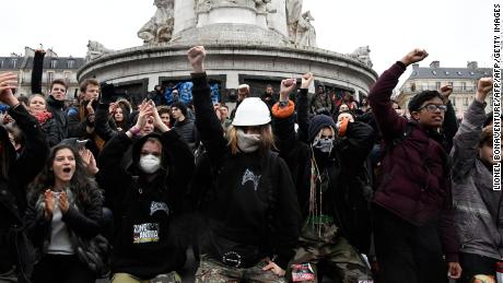 High school students demonstrate Friday at the Place de la Republique in Paris over education reforms.