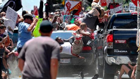 Pedestrians fly into the air after James Fields drives into a crowd of people protesting against the "Unite the Right" white nationalist rally in August 2017.