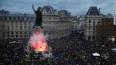 Protesters gather in the Place de la République on December 8.