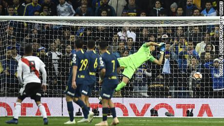 River Plate's Juan Fernando Quintero scores during injury time to break the deadlock.