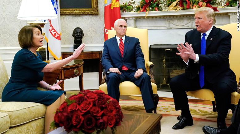 U.S. House Speaker designate Nancy Pelosi (D-CA) speaks with Vice President Mike Pence and U.S. President Donald Trump as they meet with her and Senate Minority Leader Chuck Schumer (D-NY) in the Oval Office at the White House in Washington, U.S., December 11, 2018. REUTERS/Kevin Lamarque