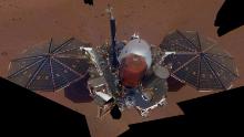 This is NASA InSight's first selfie on Mars. It displays the lander's solar panels and deck. On top of the deck are its science instruments, weather sensor booms and UHF antenna.