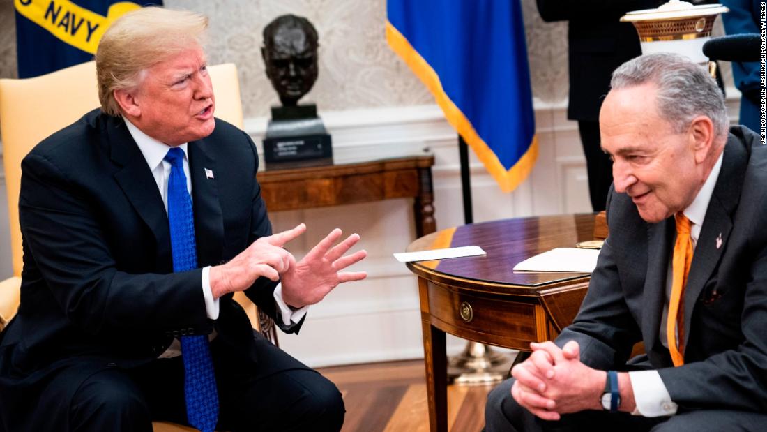 Trump was constantly leaning forward, sitting at the edge of his seat and using his hands to gesticulate and interrupt. He leaned toward both Pelosi and Schumer, but he seemed to spend most of the time leaning very directly at Schumer, who, for the most part, looked not at Trump, but at Pelosi. In this image, Trump's hands are helping him make a point, while Schumer's are clenched.
