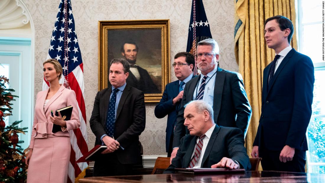 Out of view of the cameras were staffers from both sides. Here is a phalanx of White House staffers, apparently watching the exchange  with as much anticipation as those of us who saw it on TV. Note that White House communications director and former Fox News executive Bill Shine is looking at the cameras in this photo, while outgoing White House chief of staff John Kelly and presidential advisers -- and daughter and son-in-law -- Ivanka Trump and Jared Kushner are looking at the leaders. 