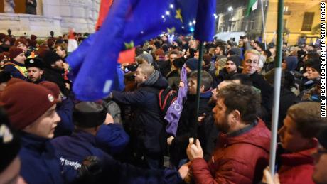 Hungarians protest in Budapest on Wednesday.