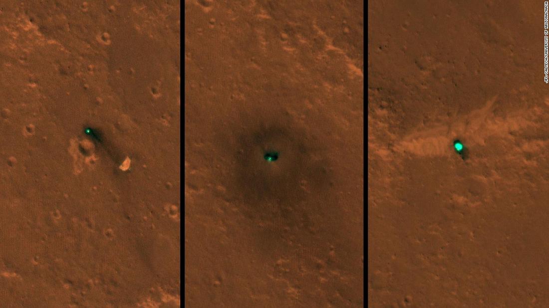 InSight as seen from space. The craft, its heat shield and its parachute were imaged on December 6 and 11 by the HiRISE camera onboard NASA&#39;s Mars Reconnaissance Orbiter.