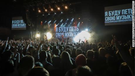 Noize MC performs to a packed crowd at the "I'm going to Sing my Music" charity concert in Moscow a charity concert titled "I'm Going to Sing My Song" on November 26. 