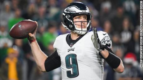  Nick Foles of the Philadelphia Eagles looks to throw against the Los Angeles Rams. Foles led the Eagles to a Super Bowl win after starter Carson Wentz went down with a torn ACL. 