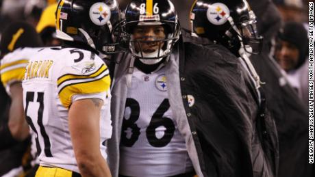 Hines Ward and James Farrior of the Pittsburgh Steelers stand on the sideline during a loss to the Cleveland Browns in 2009. The loss helped give the AFC North to the Baltimore Ravens and keep the defending Super Bowl champion Steelers out of the playoffs. 