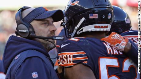 Head coach Matt Naty of the Chicago Bears talks with Khalil Mack during a 24-17 win over the Packers 24-17. 