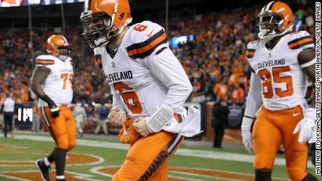 Quarterback Baker Mayfield of the Cleveland Browns celebrates a touchdown against the Denver Broncos on Dec. 15, 2018. The win gave the Browns their sixth win of the season, two more than the total they've won since 2015.