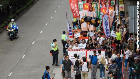 Protestors take part in a National Day pro-democracy rally in Hong Kong on October 1, 2018.