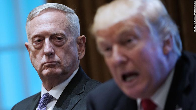 US President Donald Trump speaks as Defense Secretary James Mattis (L) looks on during a meeting with senior military leaders in the Cabinet Room of the White House on October 5, 2017. / AFP PHOTO / MANDEL NGAN (Photo credit should read MANDEL NGAN/AFP/Getty Images)