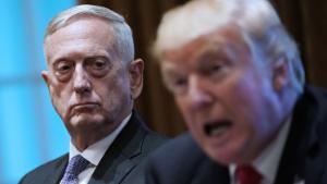 US President Donald Trump speaks as Defense Secretary James Mattis (L) looks on during a meeting with senior military leaders in the Cabinet Room of the White House on October 5, 2017. / AFP PHOTO / MANDEL NGAN        (Photo credit should read MANDEL NGAN/AFP/Getty Images)