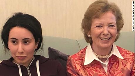 Sheikha Latifa bint Mohammed Al Maktoum is seen next to Mary Robinson, the former UN High Commissioner for Human Rights, in a photo dated December 15, 2018.