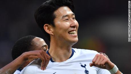 Tottenham Hotspur's South Korean striker Son Heung-Min celebrates scoring his team's second goal in the win over Bournemouth at Wembley. 