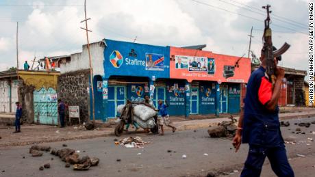 Congolese National Police patrol the Majengo area of Goma, in North Kivu province, on December 28.