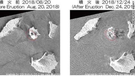 A satellite image comparison of Anak Krakatau before and after the tsunami.