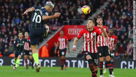 Sergio Aguero heads home Manchester City's third goal in the victory at St Mary's Stadium over Southampton. 