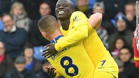 Chelsea's French midfielder N'Golo Kante celebrates after scoring the only goal of his side's win at Crystal Palace. 