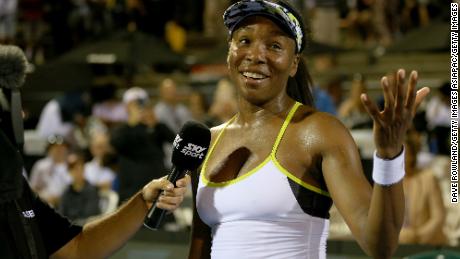 Venus Williams is interviewed after winning her singles match against Victoria Azarenka of Belarus during the ASB Classic in Auckland.