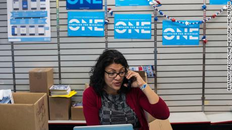 Rashida Tlaib makes calls during a get out the vote effort at a campaign office in Dearborn, Michigan, on October 5, 2018.