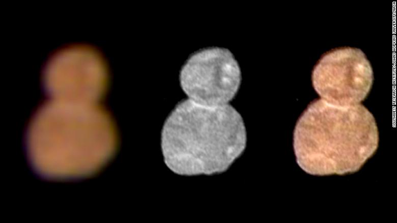 This is the first color image of Ultima Thule, taken at a distance of 85,000 miles from the object by the New Horizons spacecraft. The &quot;red snowman&quot; replaces the initial &quot;bowling pin&quot; shape it was thought to be. This image reveals that Ultima Thule is actually two objects joined by gravity, making it the first contact binary visited by a spacecraft. The red color is due to it being irradiated in the Kuiper Belt.