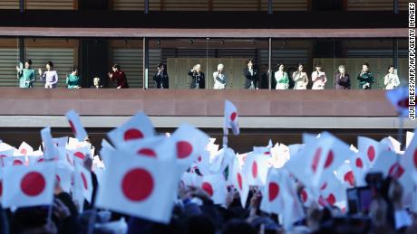 Members of the royal family wave to the crowd during the New Year&#39;s greeting ceremony at the Imperial Palace in Tokyo in January 2019. 