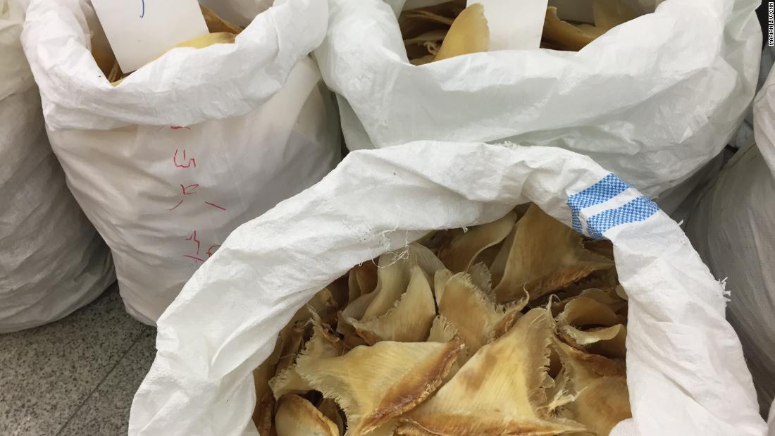 Dried shark fin in bins at Hong Kong&#39;s Dried Seafood Market.