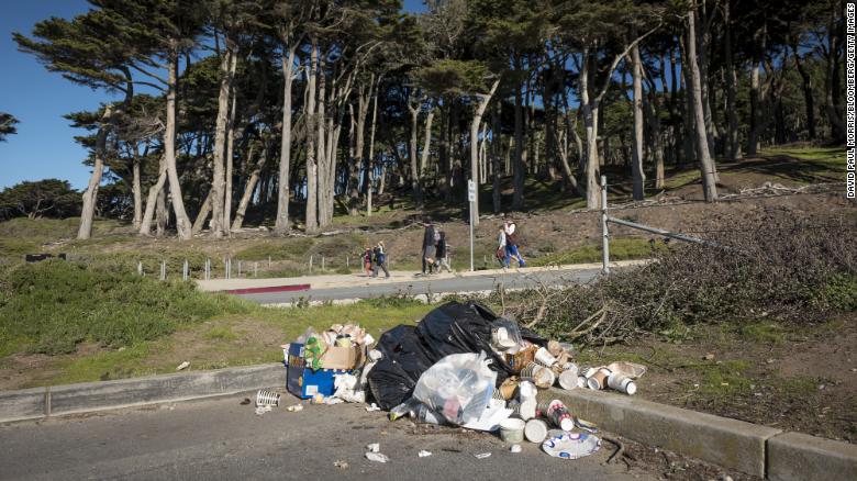 Garbage piles up Wednesday at Golden Gate National Recreation Park in San Francisco.