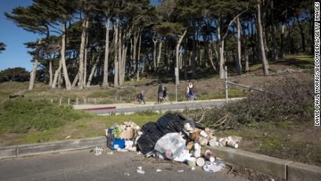 Garbage piles up Wednesday at Golden Gate National Recreation Park in San Francisco.