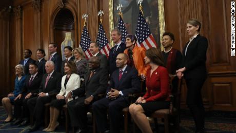 Katie Hill, right, poses with other members of the newly elected Democratic House Leadership team in November.