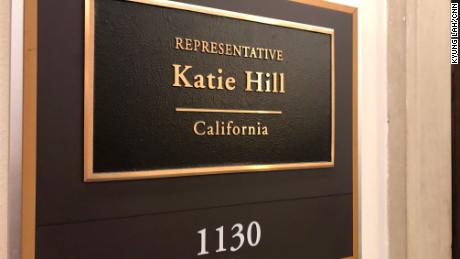 The nameplate for Rep. Katie Hill outside her office on Capitol Hill. 