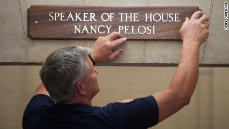 Pelosi's new sign is installed at the entrance of her office suite on Capitol Hill.