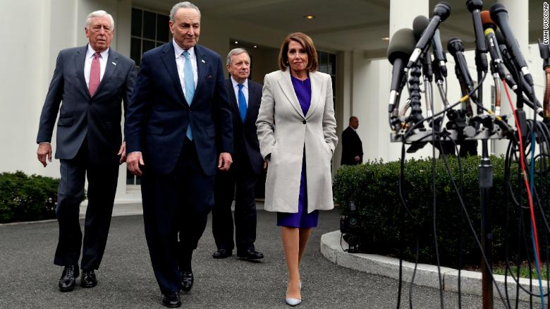 From left, House Majority Leader Steny Hoyer of Md., Senate Minority Leader Chuck Schumer of N.Y., Sen. Dick Durbin, D-Ill., and Speaker of the House Nancy Pelosi of Calif., walk to speak to reporters after meeting with President Donald Trump about border security in the Situation Room of the White House, Friday, Jan. 4, 2018, in Washington. (AP Photo/Evan Vucci)