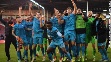 Barnet's David Tutonda leads the celebrations following his side's 1-0 victory over Sheffield United.