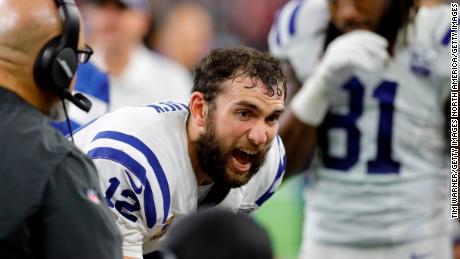 Andrew Luck of the Indianapolis Colts reacts on the sideline in the fourth quarter against the Houston Texans.