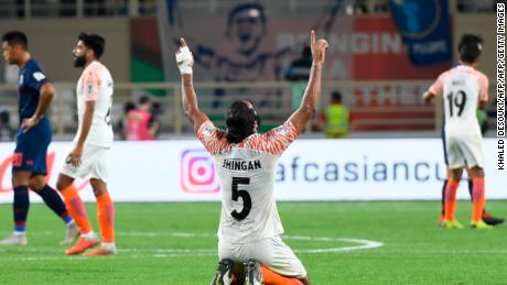 Indian defender Sandesh Jhingan celebrates.