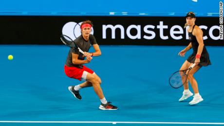 Germany's Alexander Zverev plays a shot during the mixed doubles final match.